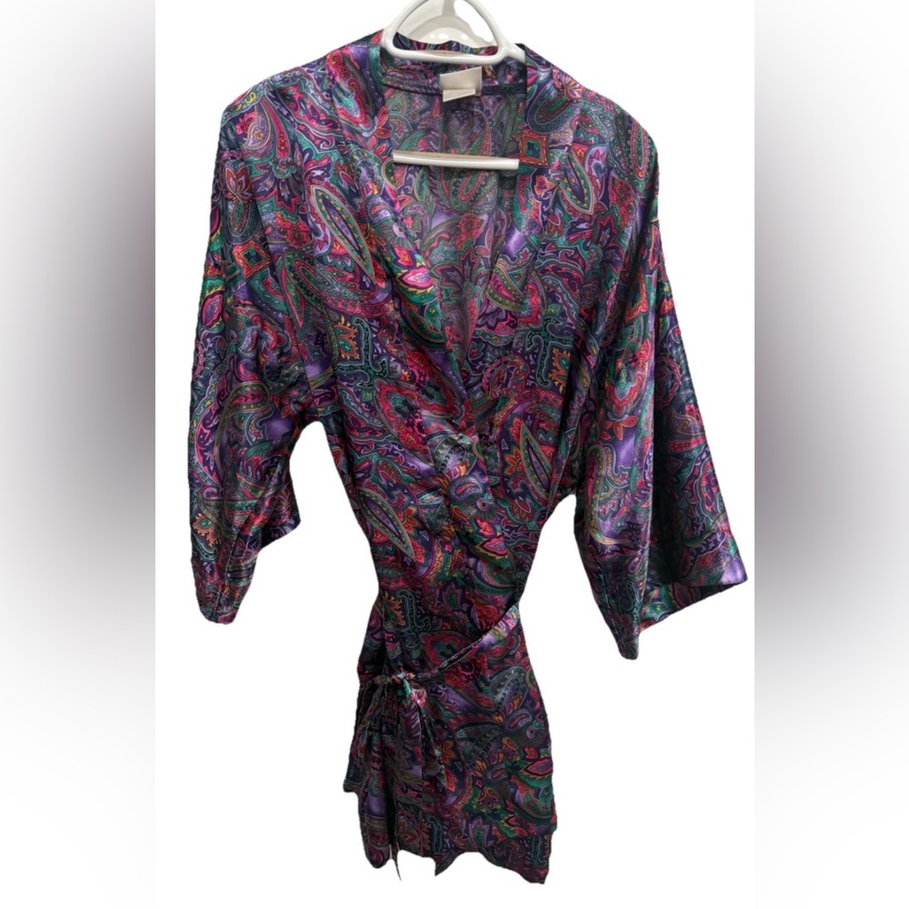 Adonna Vintage Satin Robe Tie Closure Purple Paisley Large